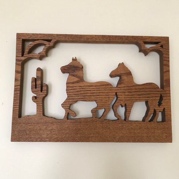 Wooden Horse & Cactus Wall Hanging Handmade Western Picture Plaque 9x13" - Picture 3 of 5